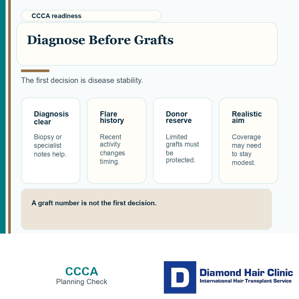 Information card showing diagnosis stability and donor safety before CCCA hair transplant planning