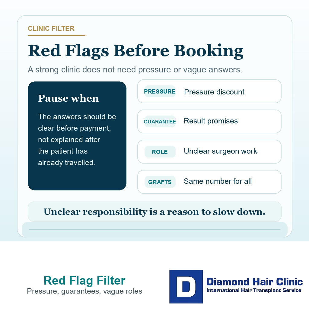 Support card listing red flags before choosing a hair transplant clinic in Turkey
