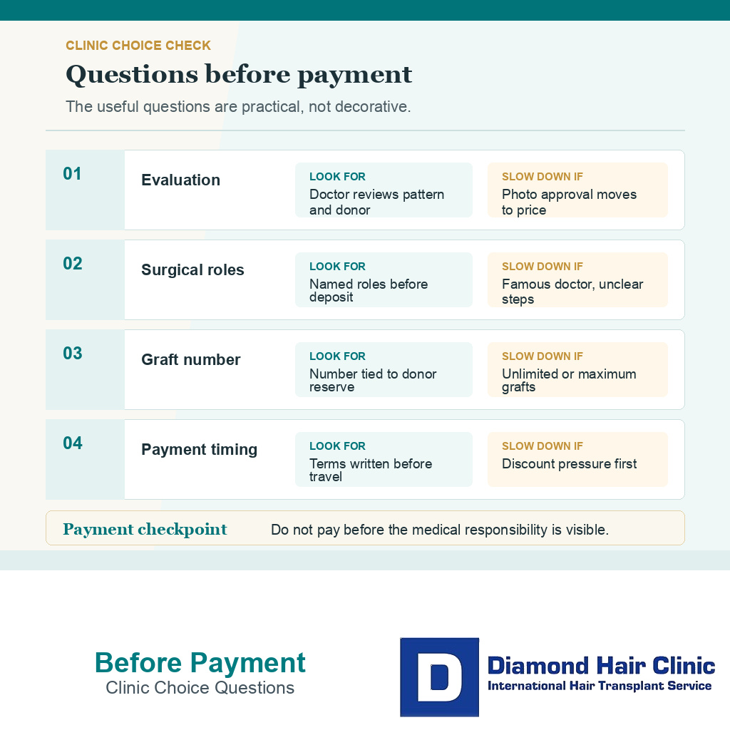 Support card showing the practical questions to ask before paying for a hair transplant clinic in Turkey.