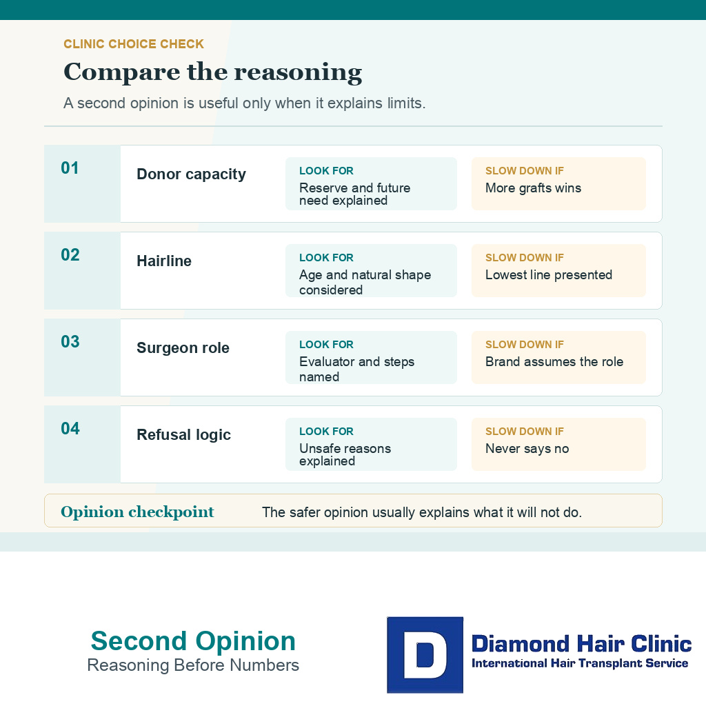 Support card showing how to compare the reasoning in a second hair transplant opinion.