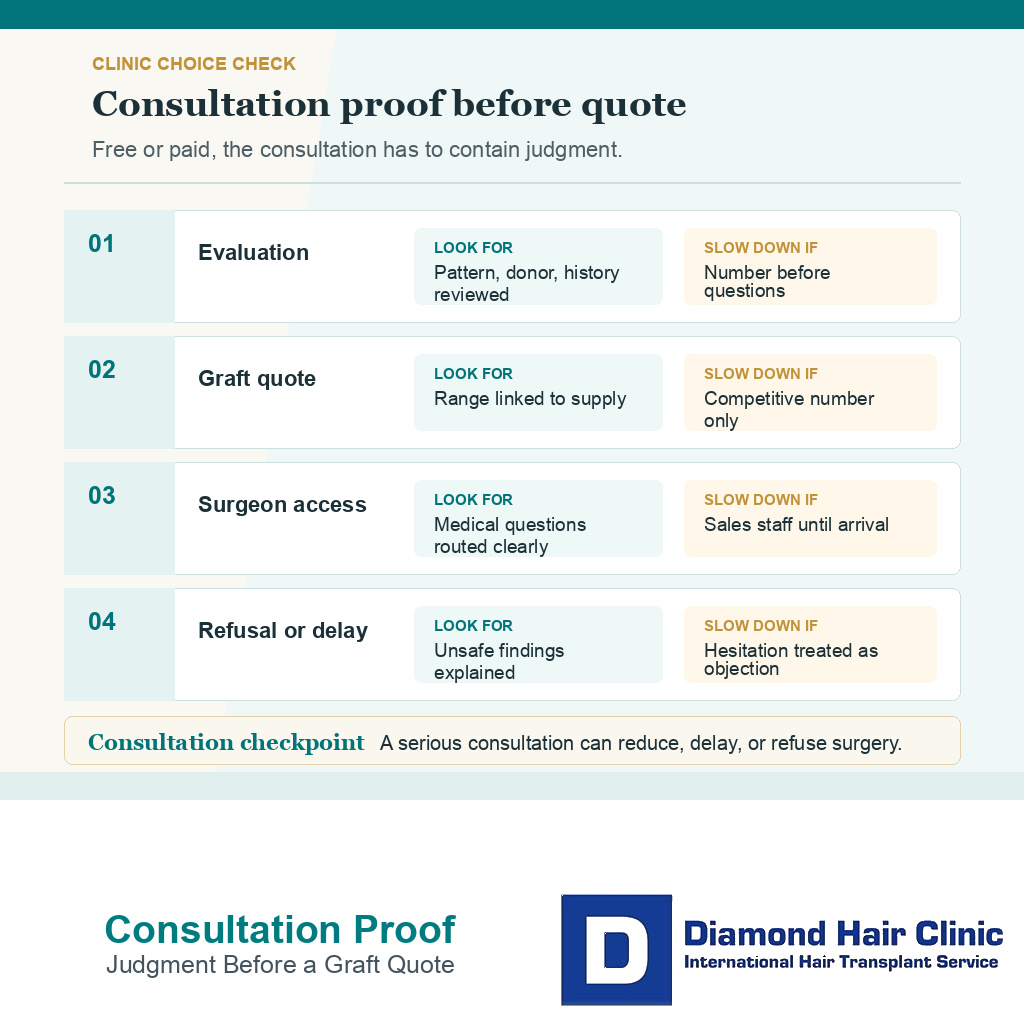 Support card showing what consultation proof should come before a hair transplant graft quote.