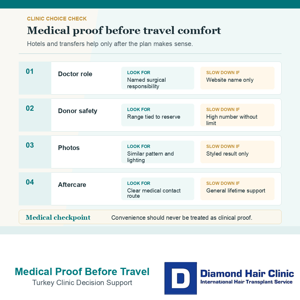 Support card comparing medical proof with travel convenience before choosing hair transplant in Turkey.