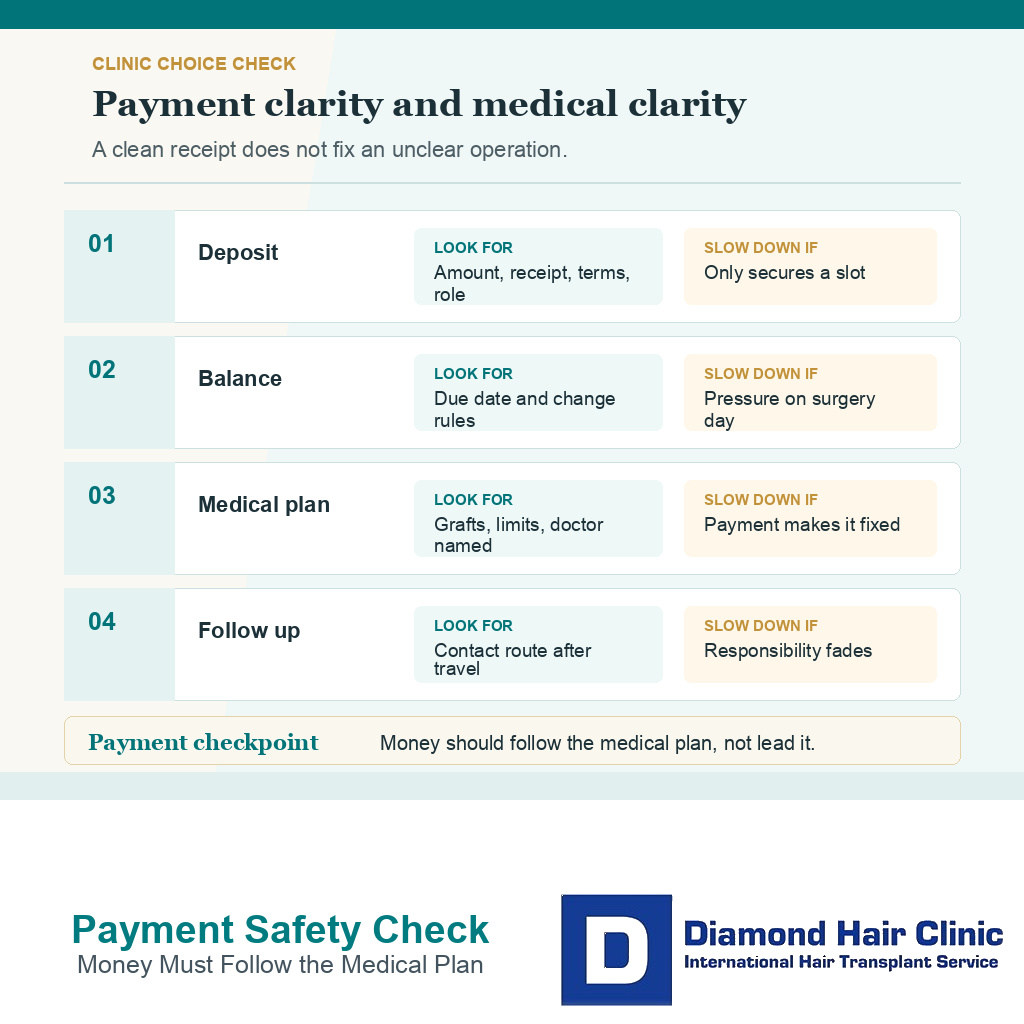 Support card showing payment clarity and medical clarity before paying for hair transplant in Turkey.