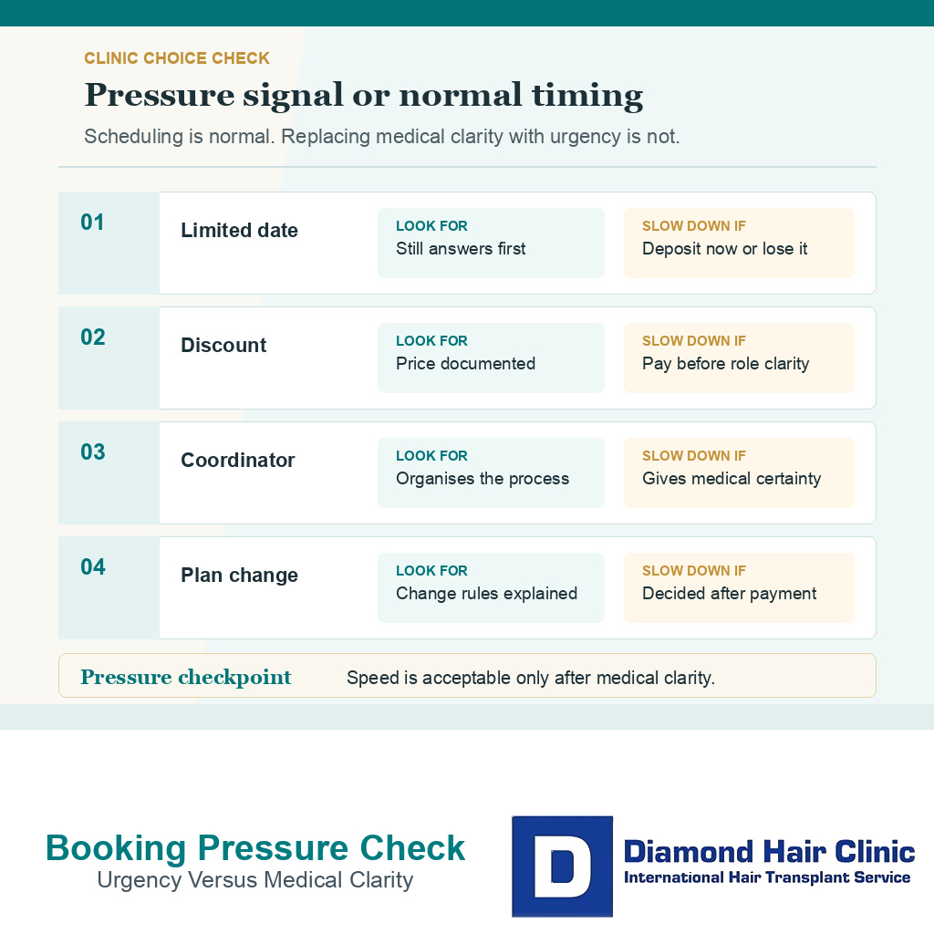 Support card separating normal booking timing from pressure signals before hair transplant surgery.