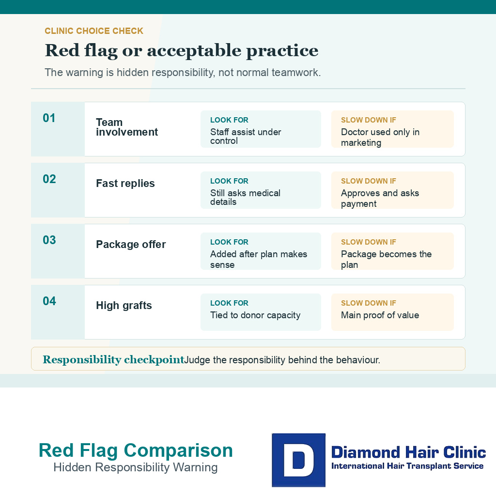 Support card separating hair transplant red flags from acceptable clinic practices in Turkey.