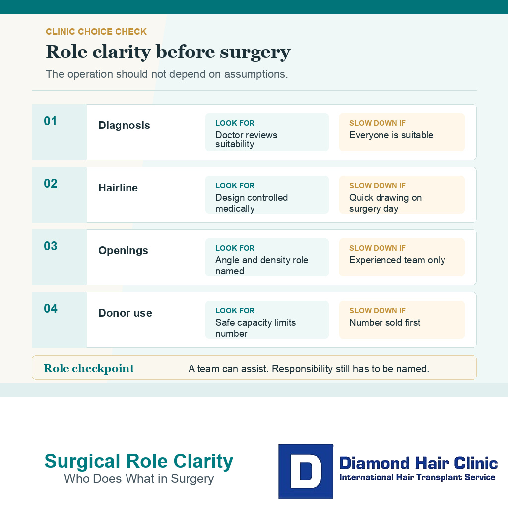 Support card showing which hair transplant surgical roles should be clear before surgery.