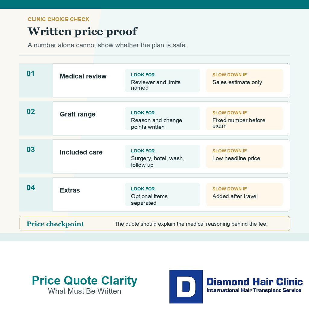 Support card showing what should be written in a hair transplant Turkey price quote before payment.