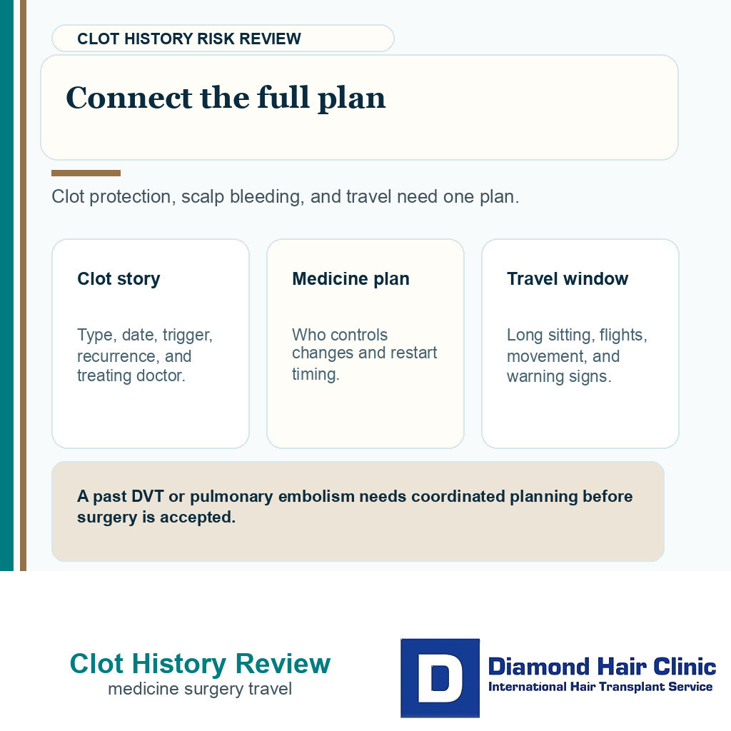 Information card showing clot history medication and travel review before hair transplant