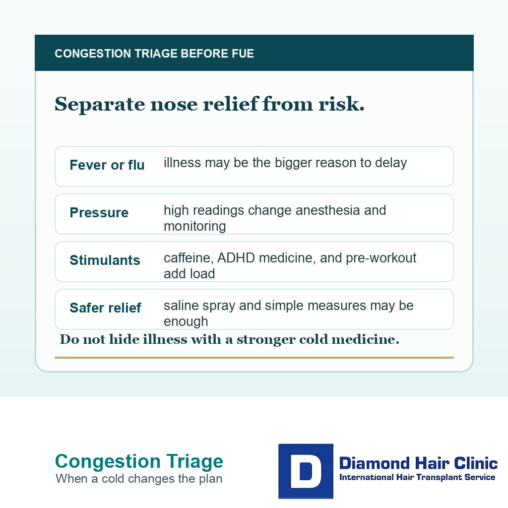 Congestion triage before FUE card showing fever pressure stimulants and safer relief