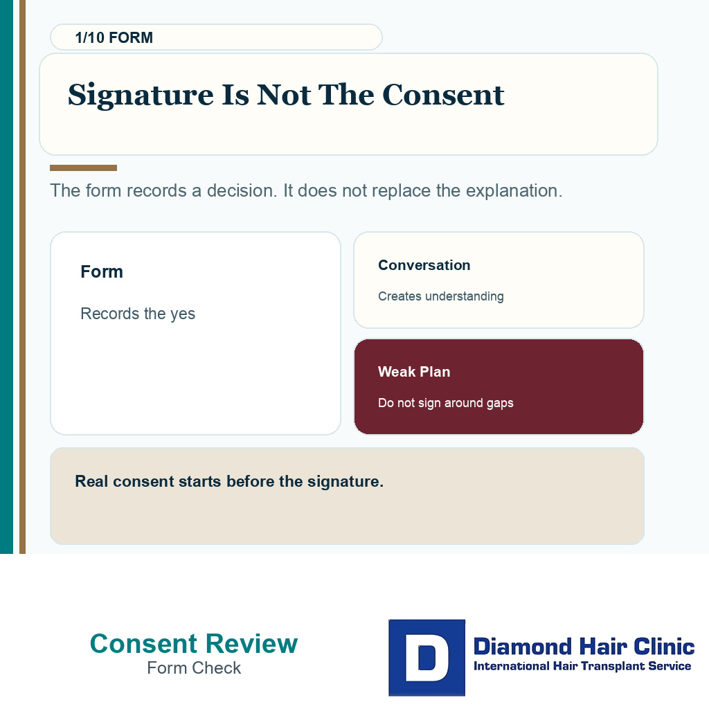 Hair transplant consent carousel slide 1 explaining signature is not consent