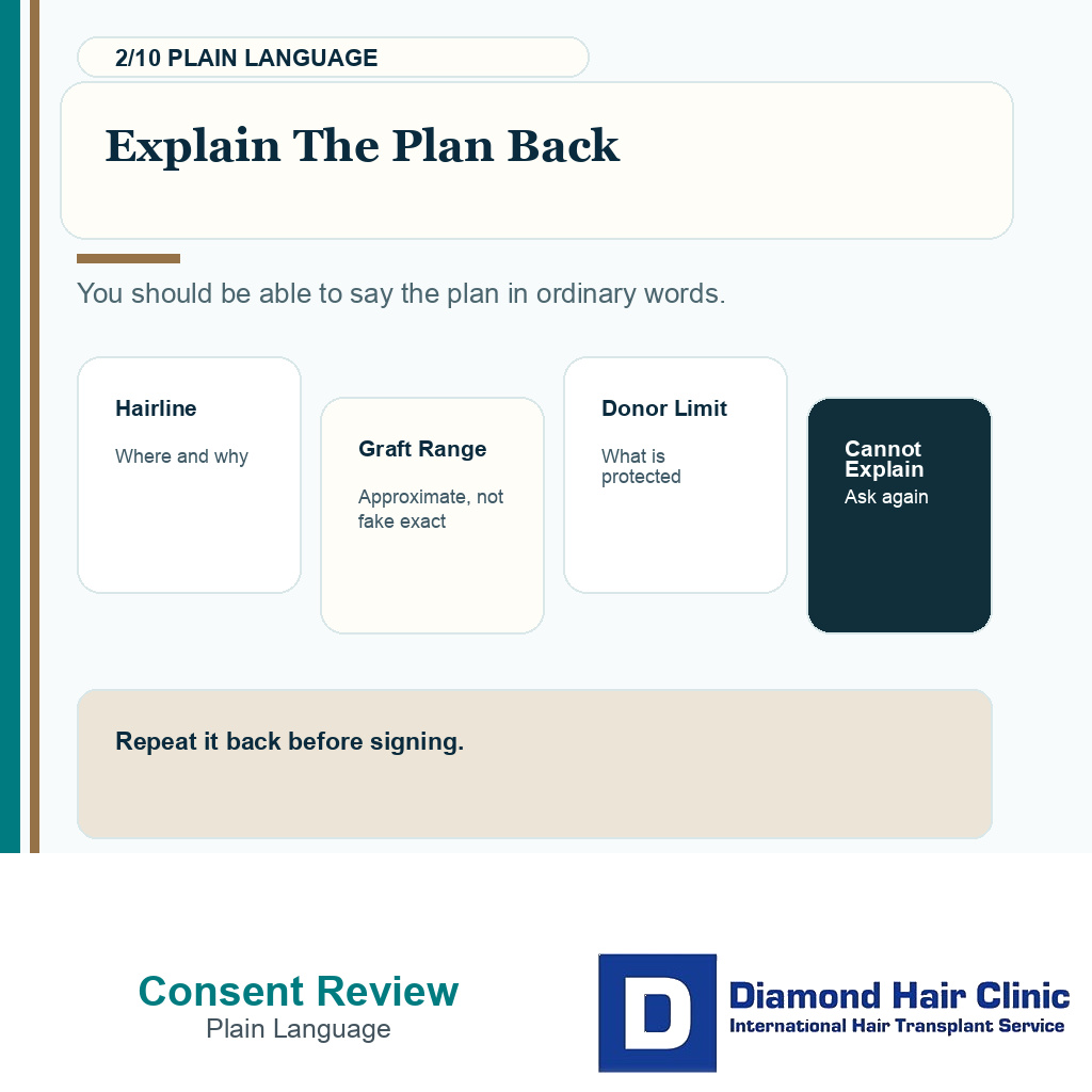 Hair transplant consent carousel slide 2 explaining explain the plan back