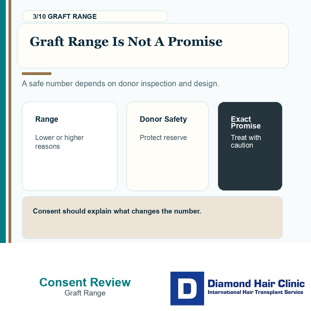 Hair transplant consent carousel slide 3 explaining graft range not promise