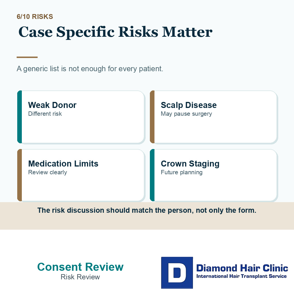 Hair transplant consent carousel slide 6 explaining case specific risks matter