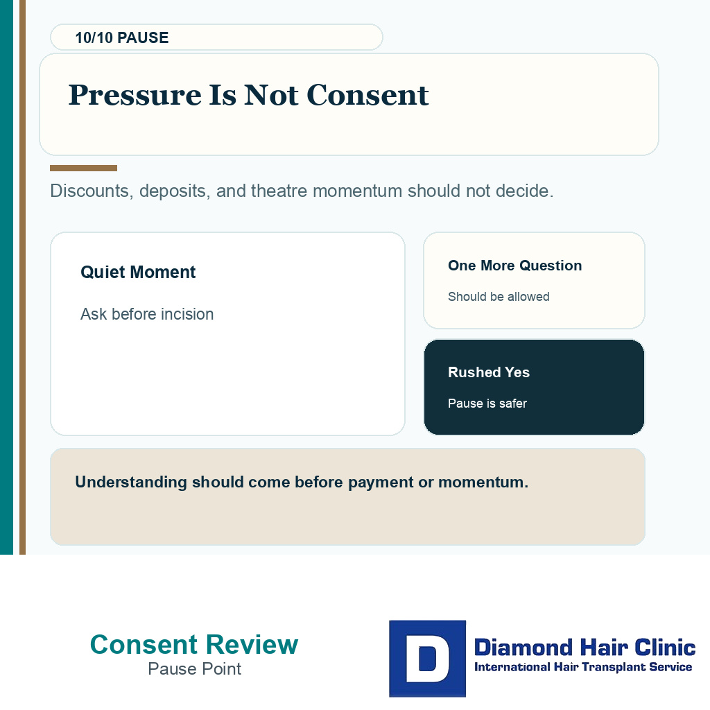 Hair transplant consent carousel slide 10 explaining pressure is not consent