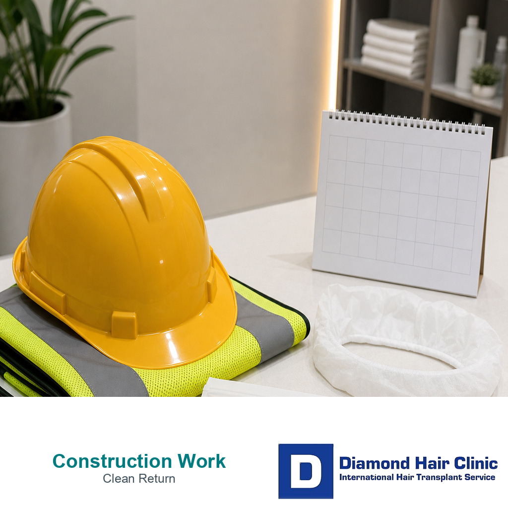 Construction hard hat clean liner dust mask and aftercare kit used to plan return to work after FUE