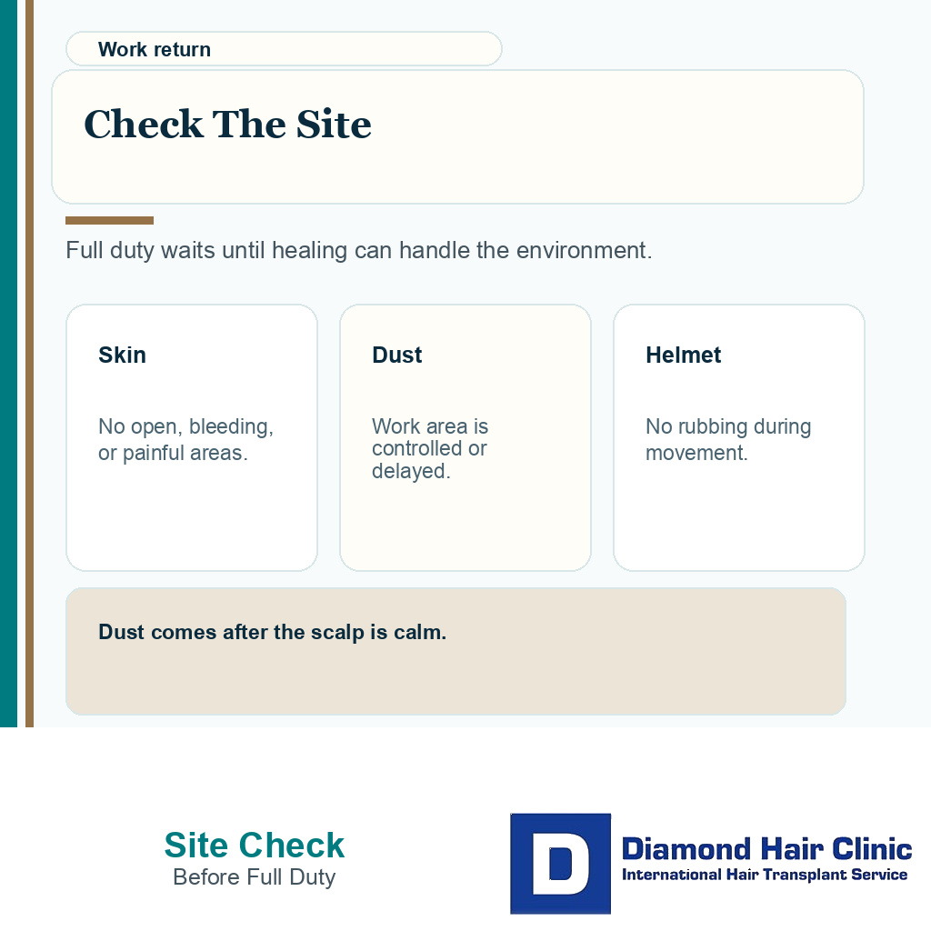 Information card showing skin closure dust control and helmet fit checks before returning to construction work after FUE