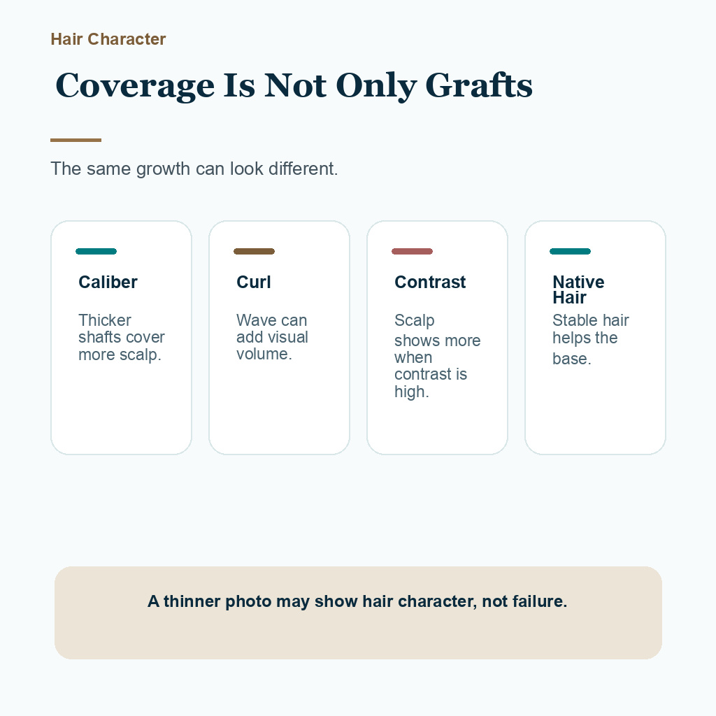 Support visual showing how hair caliber, curl, contrast, and native hair change perceived transplant coverage