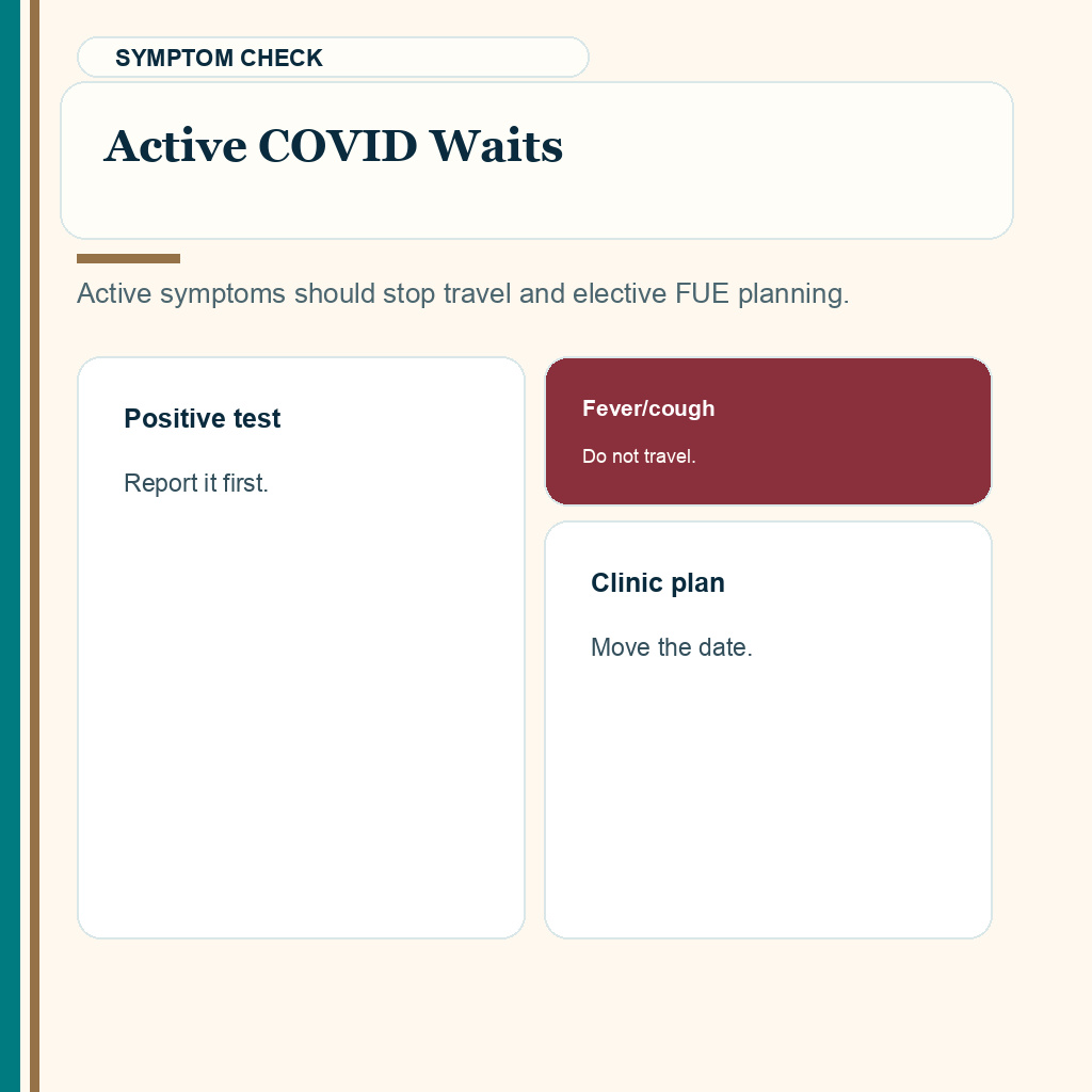 This COVID timing slide explains active covid waits before hair transplant travel.