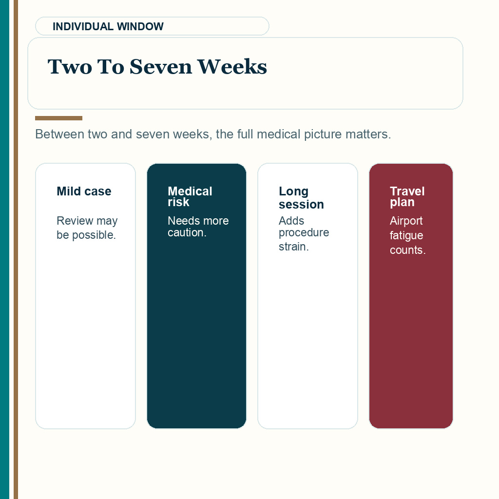 This COVID timing slide explains two to seven weeks before hair transplant travel.