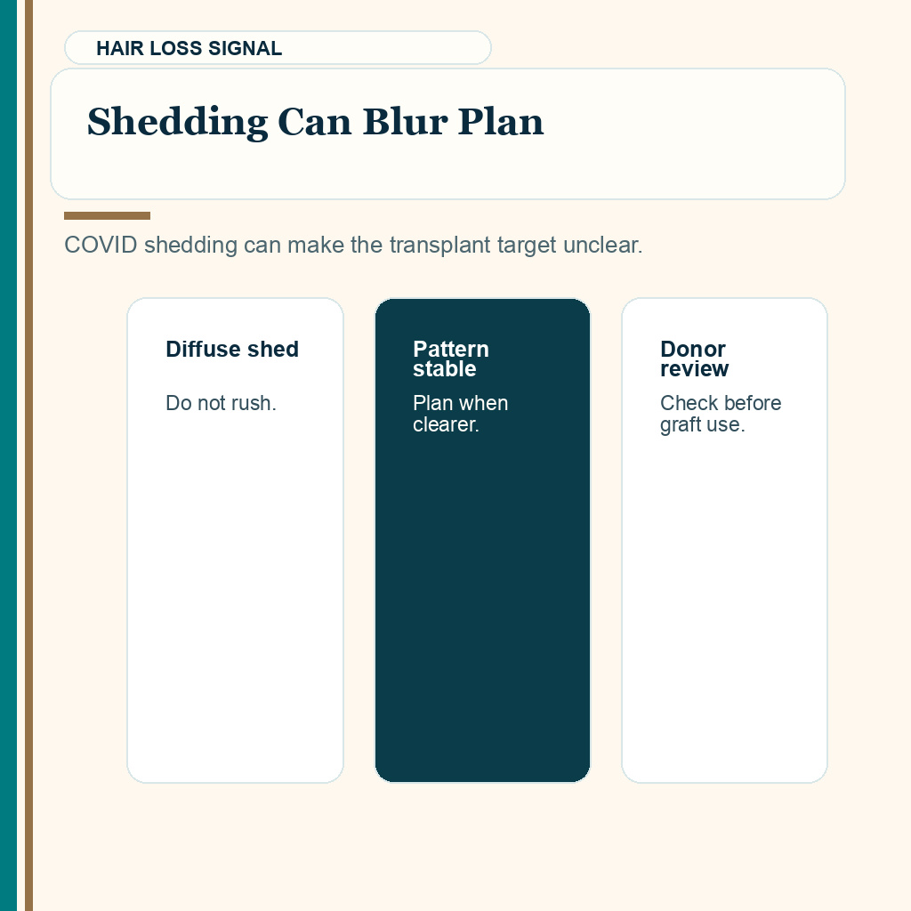 This COVID timing slide explains shedding can blur plan before hair transplant travel.