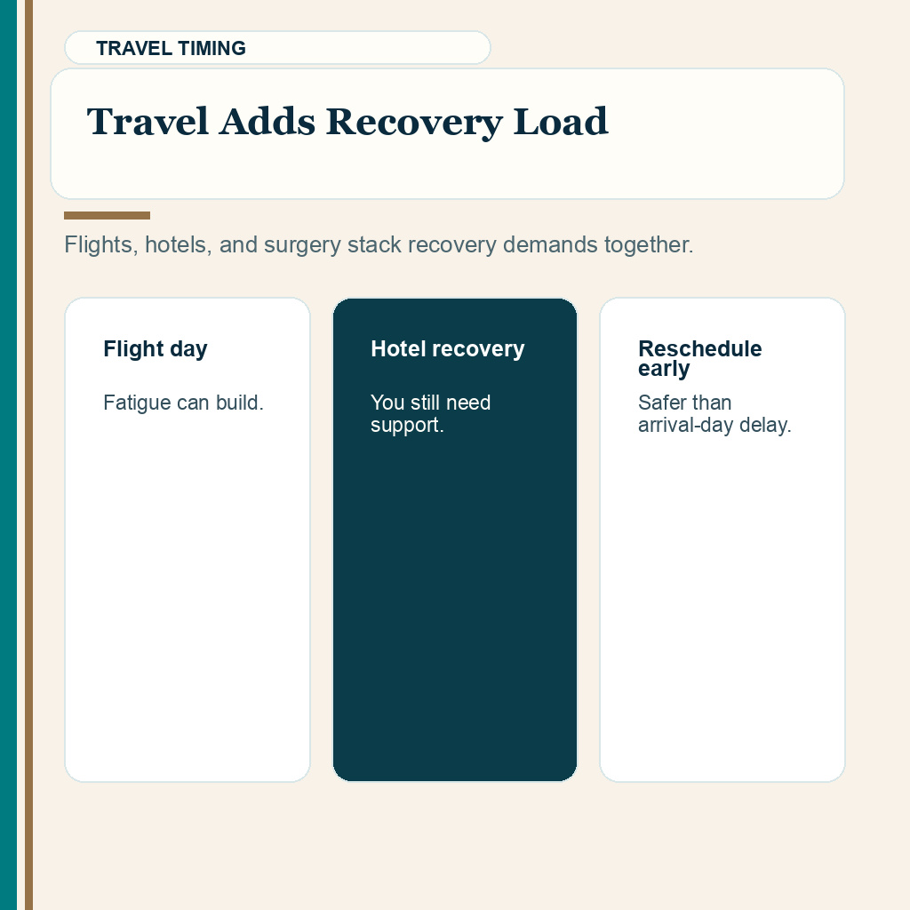 This COVID timing slide explains travel adds recovery load before hair transplant travel.