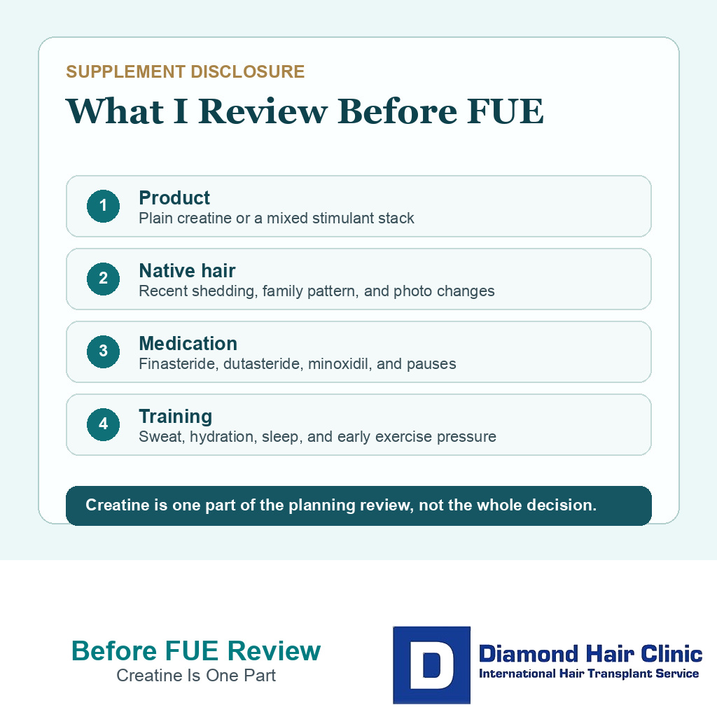 Creatine before FUE review card showing supplement product native hair medication and training checks