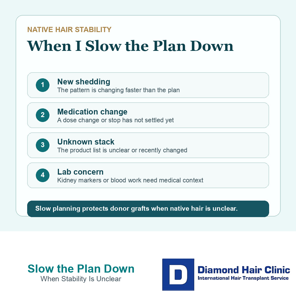 Creatine before FUE decision card showing when to proceed and when to slow the plan down