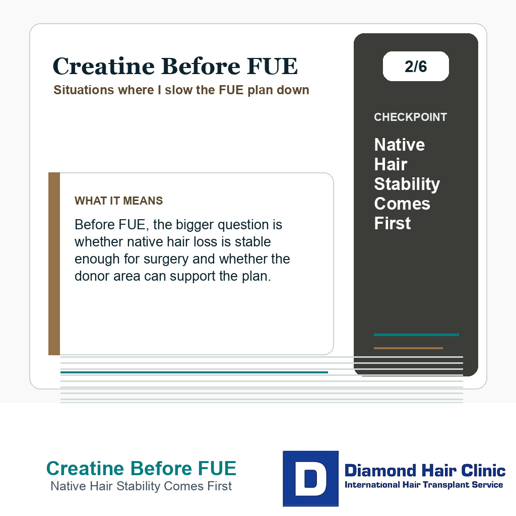 Creatine Before FUE carousel slide about native hair stability comes first