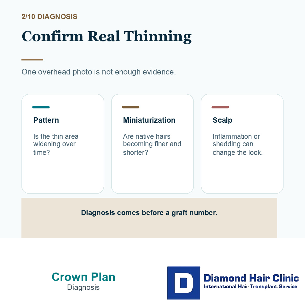 Crown hair transplant carousel slide 2 explaining true crown thinning checks