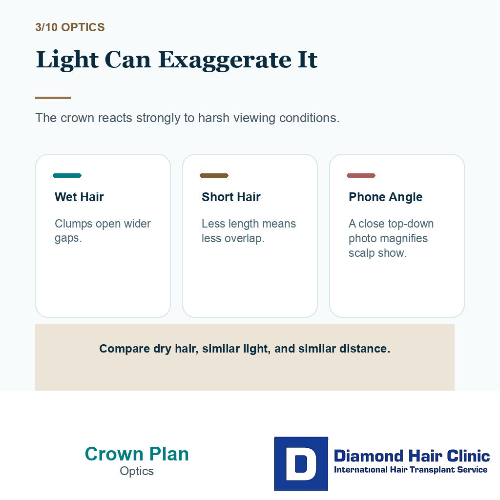 Crown hair transplant carousel slide 3 explaining harsh light and phone photos