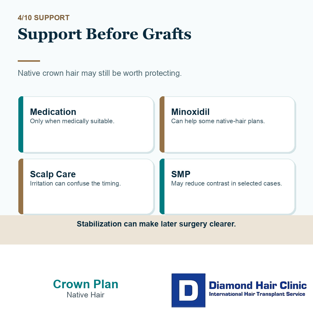 Crown hair transplant carousel slide 4 explaining support treatments before grafts
