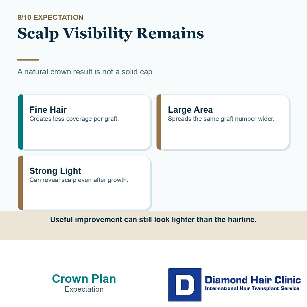 Crown hair transplant carousel slide 8 explaining realistic scalp visibility after crown work