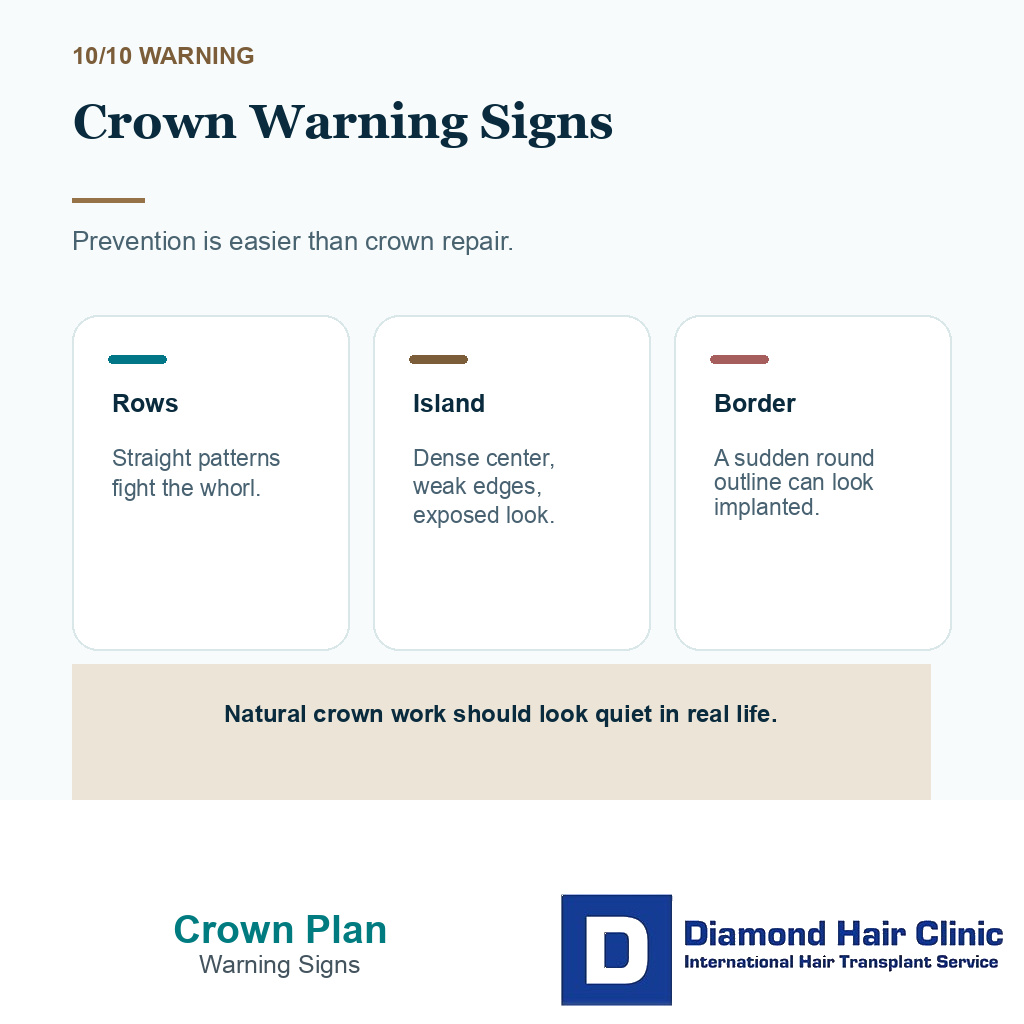 Crown hair transplant carousel slide 10 explaining crown warning signs