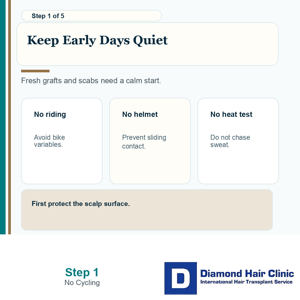 Carousel slide advising no cycling during early graft protection after hair transplant