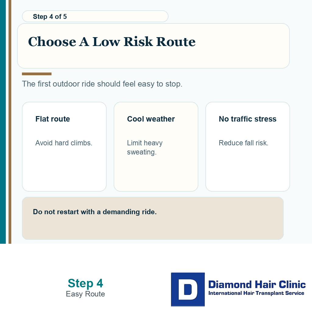 Carousel slide showing short cool route selection before cycling outdoors after hair transplant