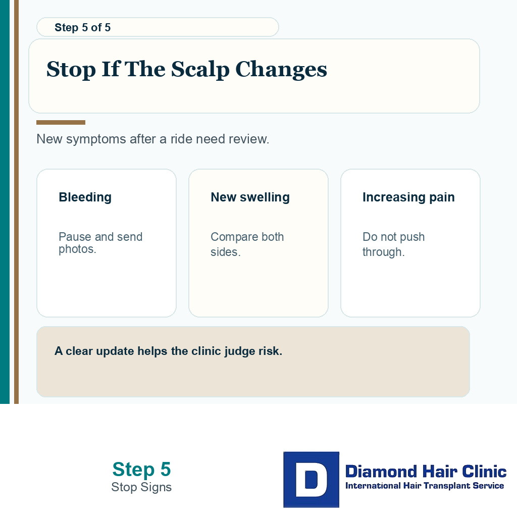 Carousel slide showing stop signs after cycling during hair transplant recovery