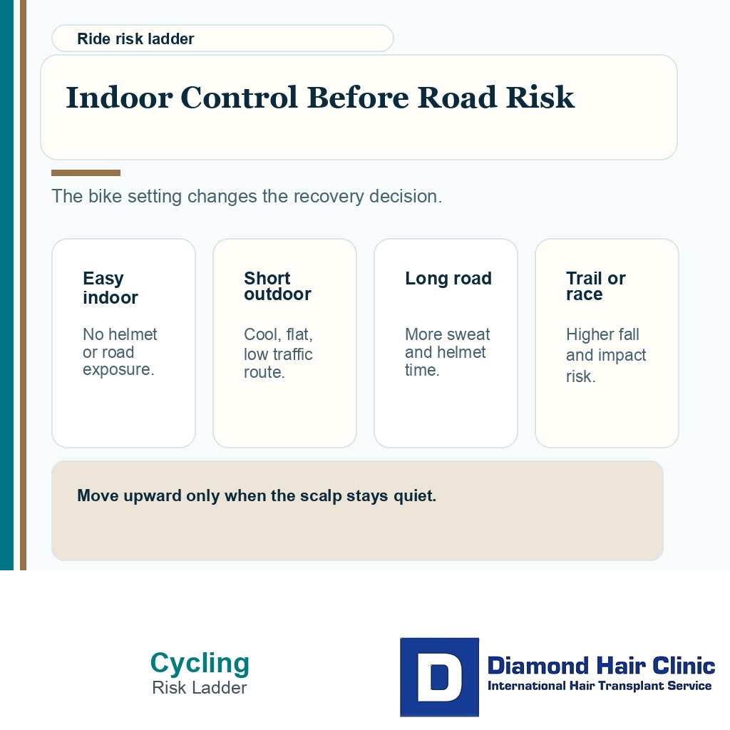 Decision card showing bike ride risk levels after hair transplant from indoor spin to road or mountain cycling