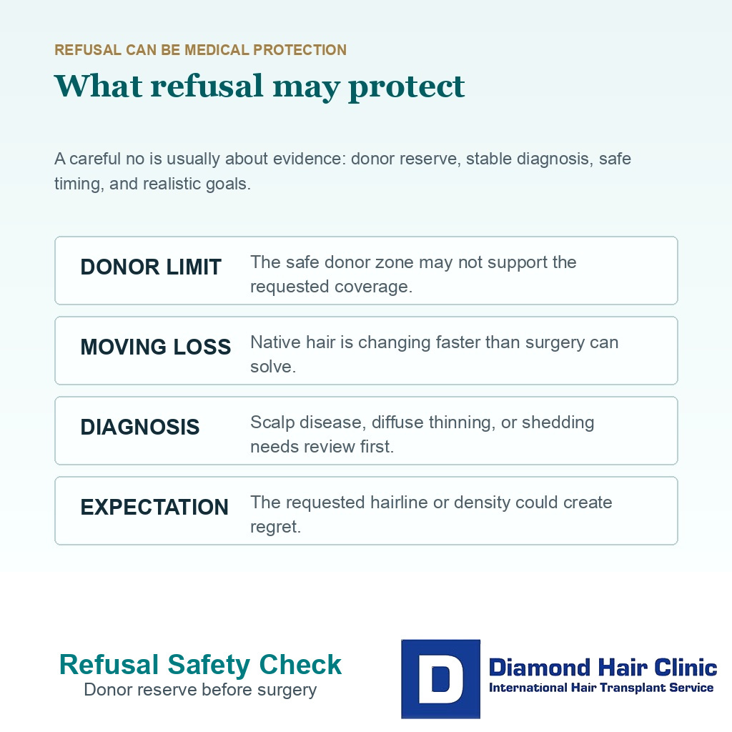 Information card showing donor limit, moving loss, unclear diagnosis, and unsafe expectation reasons for declining surgery