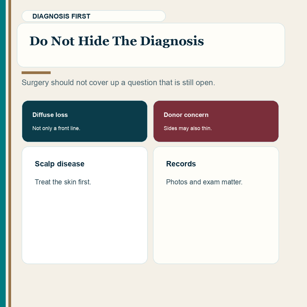 Declined hair transplant slide about diffuse thinning and unclear diagnosis before surgery