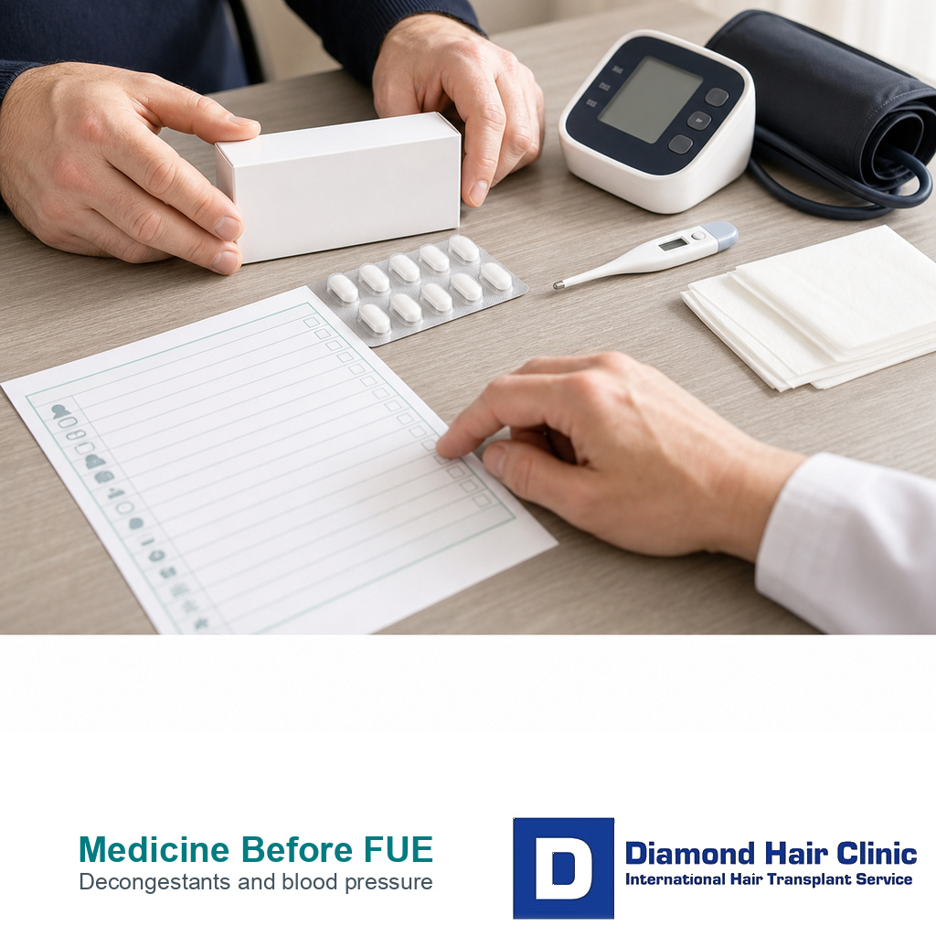 Cold medicine blood pressure monitor thermometer and medication list before FUE surgery