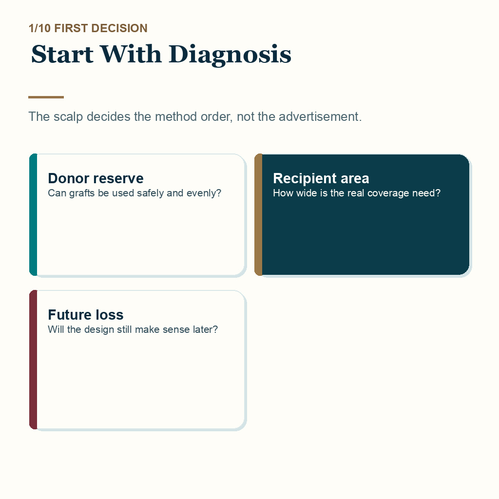 DHI vs FUE slide 1 explaining why diagnosis comes before the method label