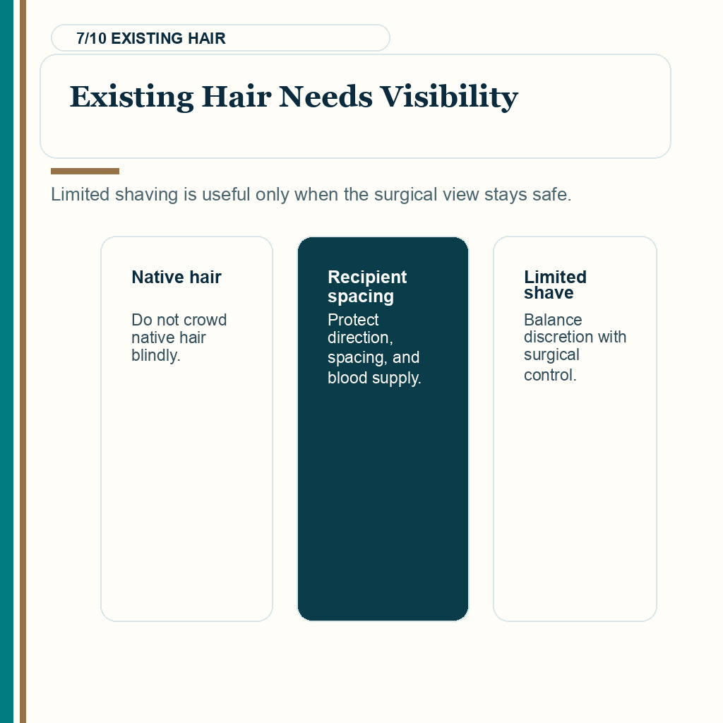 DHI vs FUE slide 7 explaining why existing hair requires careful visibility and spacing