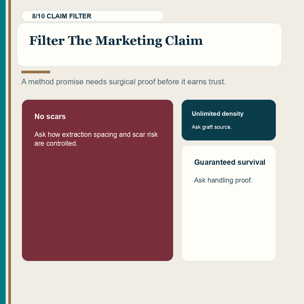 DHI vs FUE slide 8 explaining which method marketing claims should slow the decision
