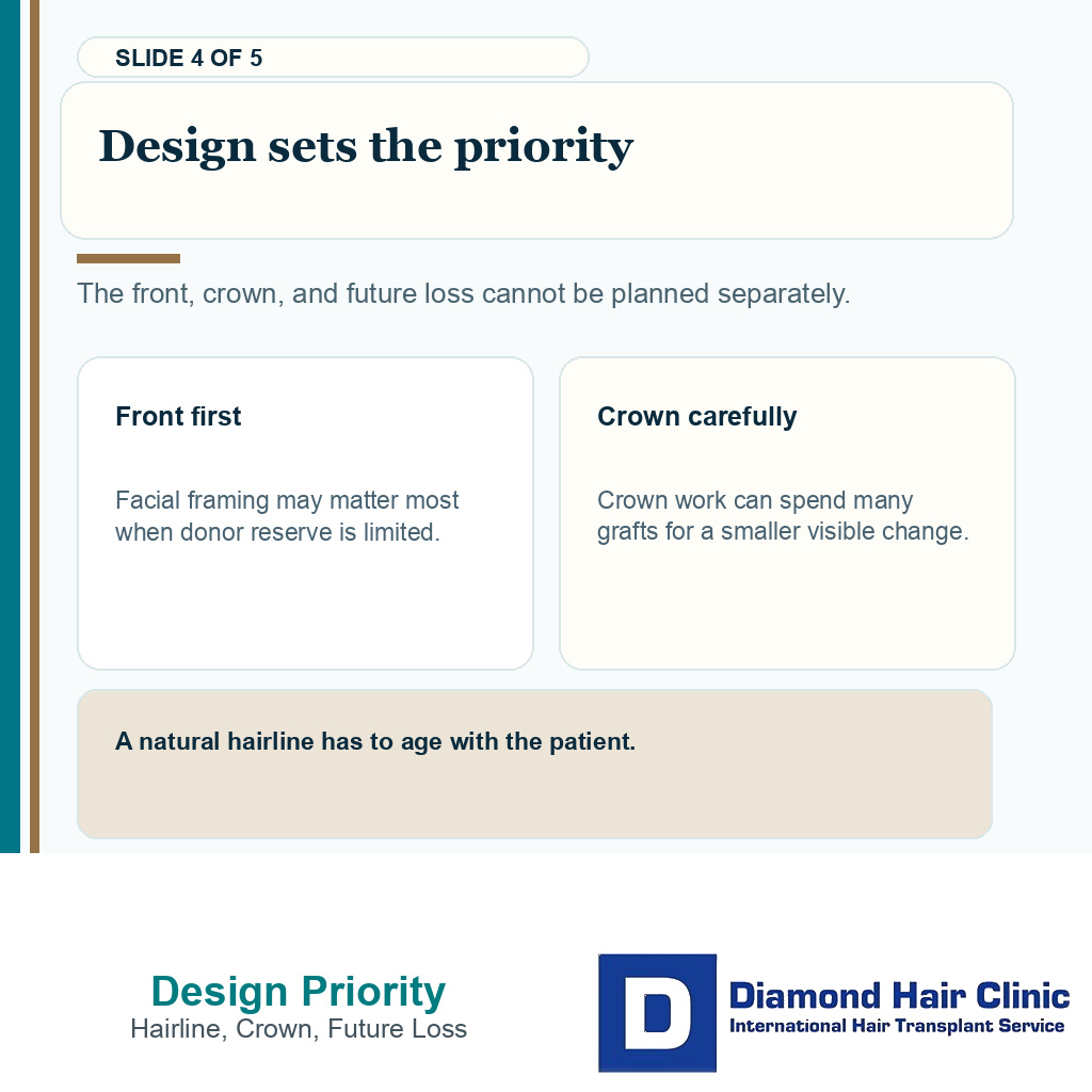 Slide 4 explaining how hairline and crown priorities affect international hair transplant planning