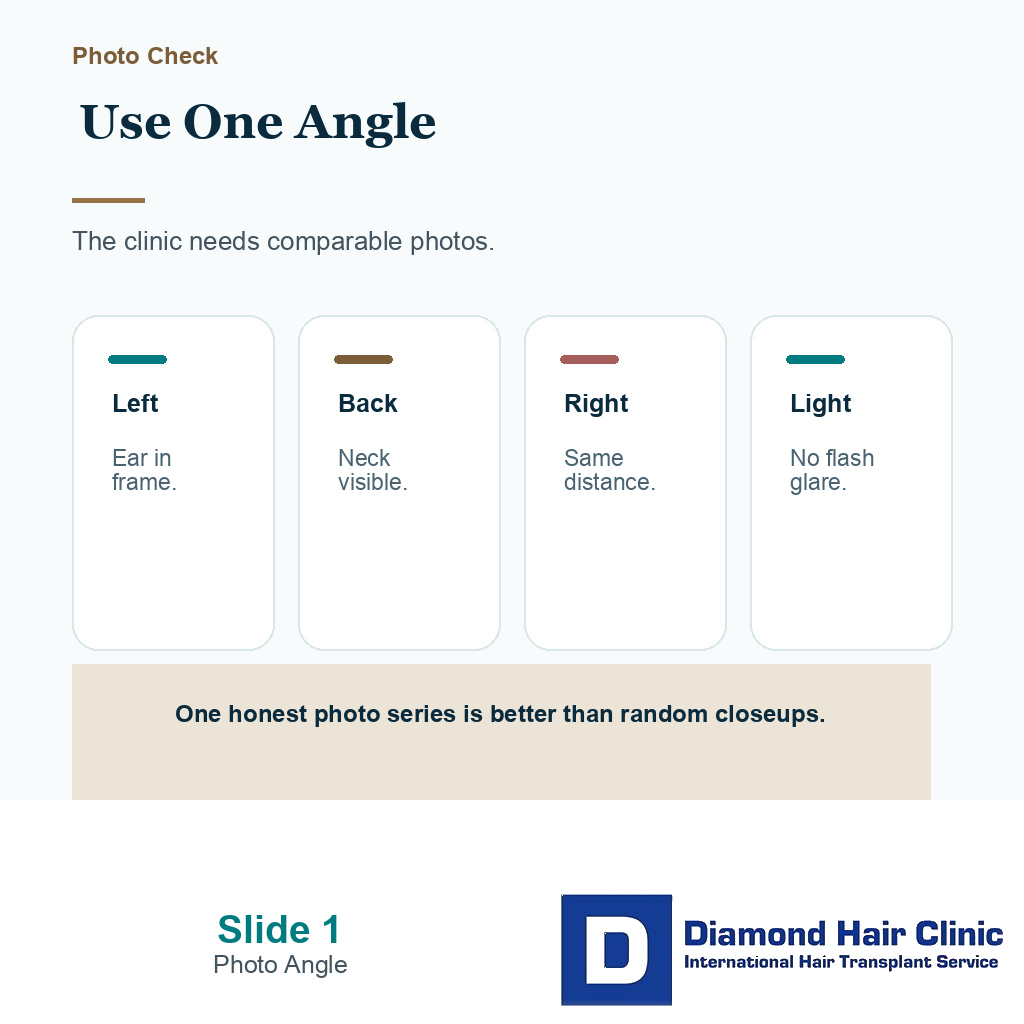 Carousel slide about photographing donor area swelling from the same angle after FUE