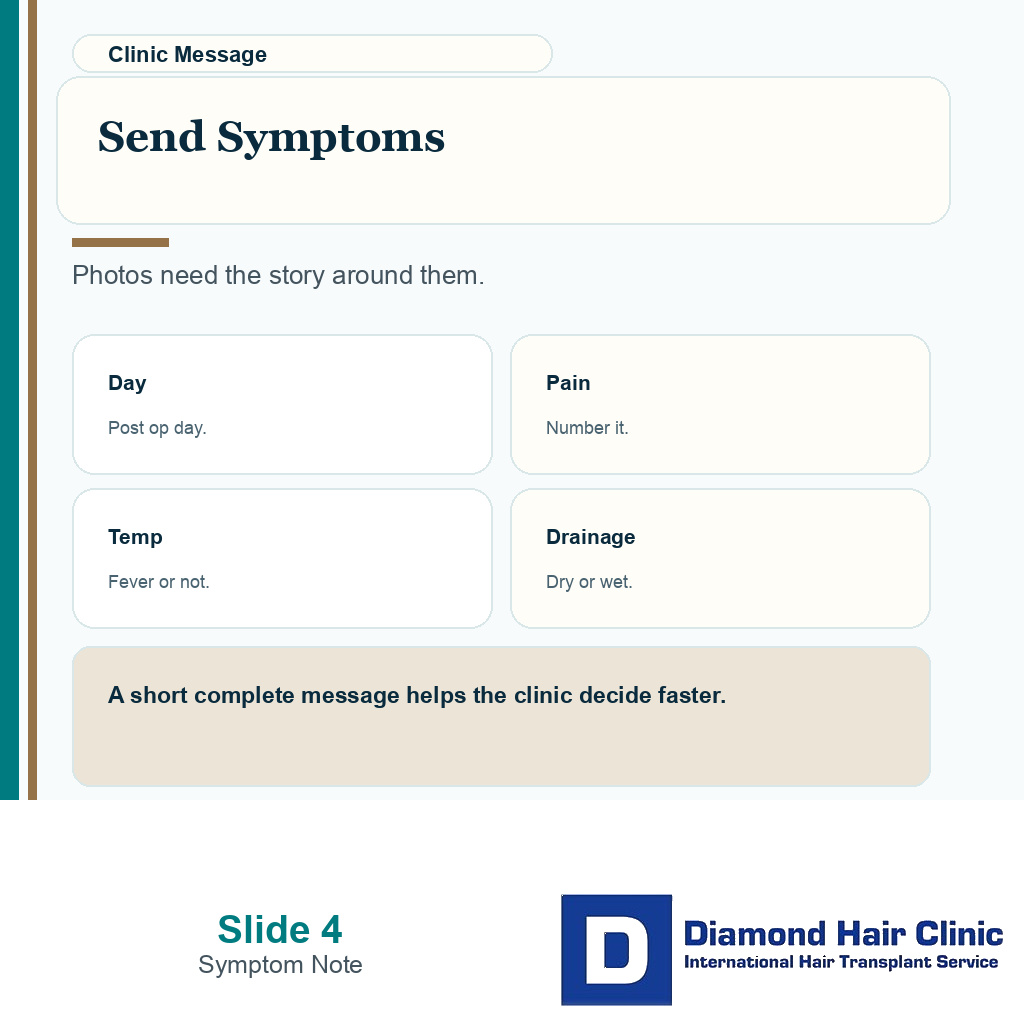 Carousel slide about sending donor area swelling symptoms to the clinic after FUE