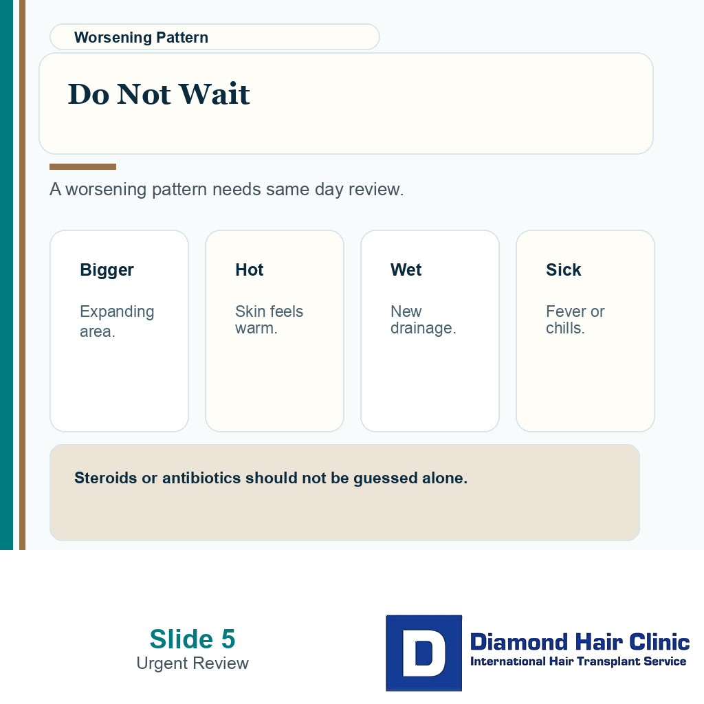 Carousel slide about not waiting when donor area swelling worsens after FUE