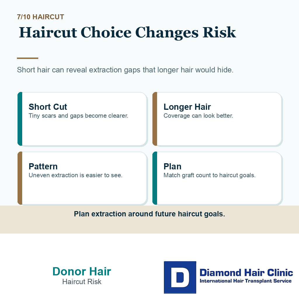 Donor hair permanence carousel slide 7 explaining haircut choice changes risk