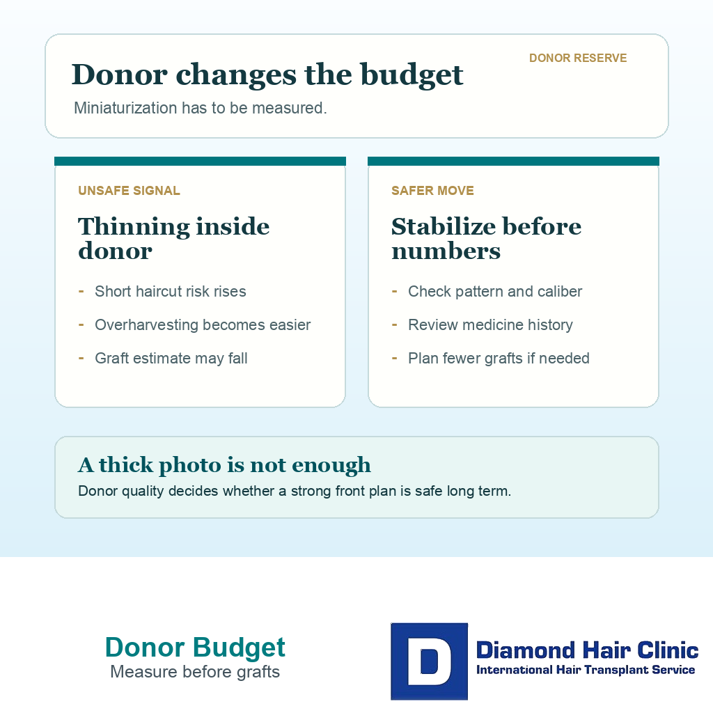 Support card explaining how donor miniaturization changes graft budgeting, short haircut risk, and safe planning before FUE.