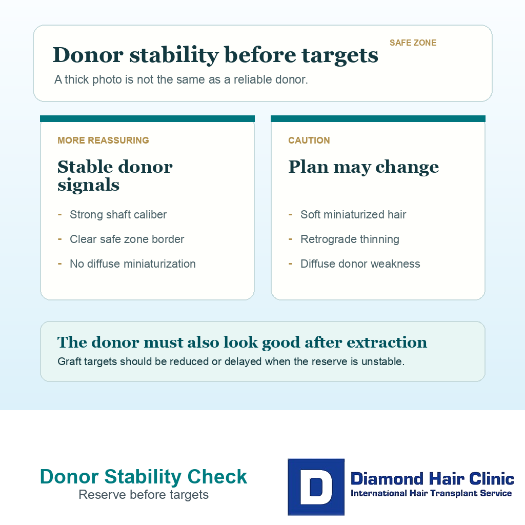 Support card comparing stable donor signals with caution signs before choosing graft targets in FUE planning.
